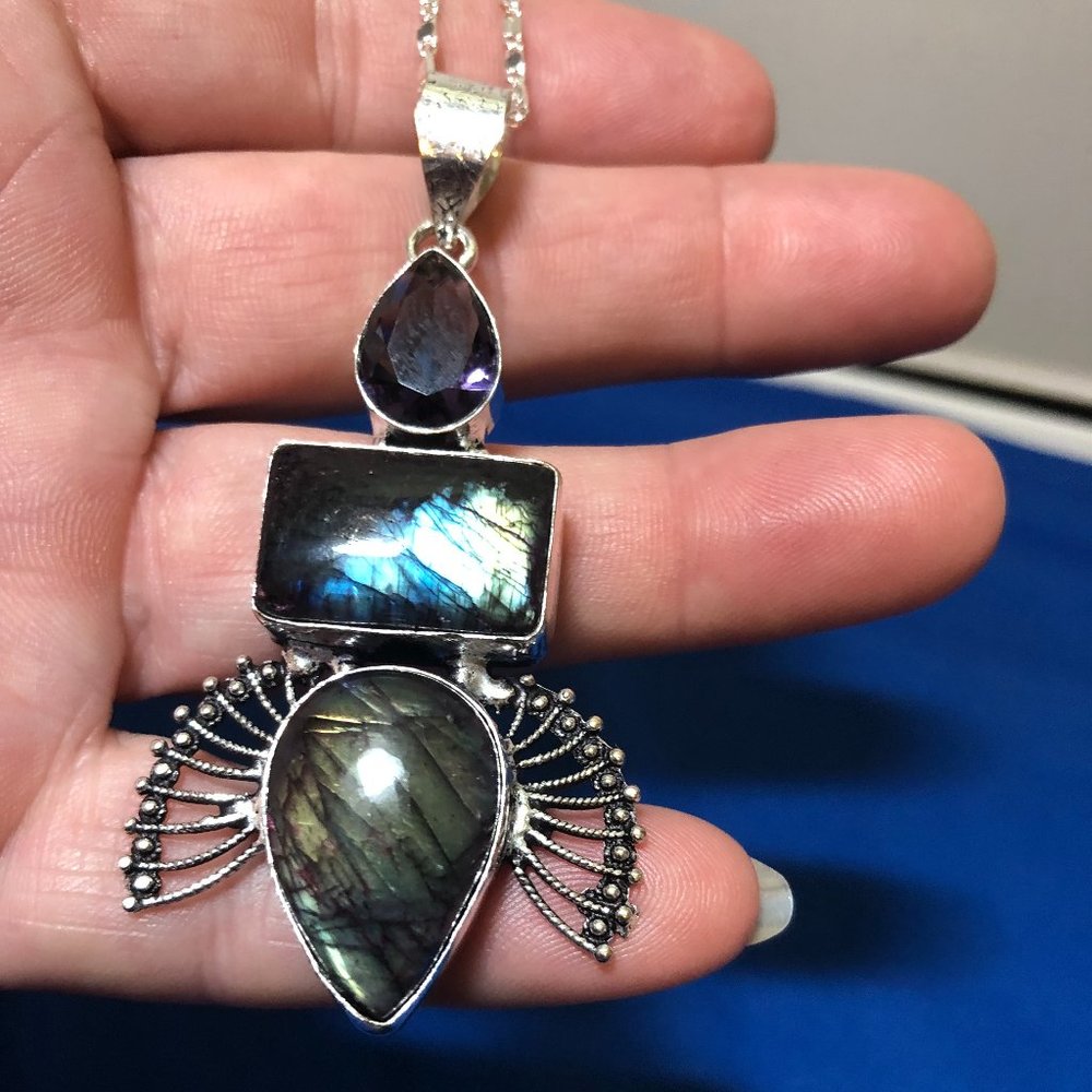 Red Flash Labradorite- Purple Amethyst 925 Stamped Sterling Silver Necklace